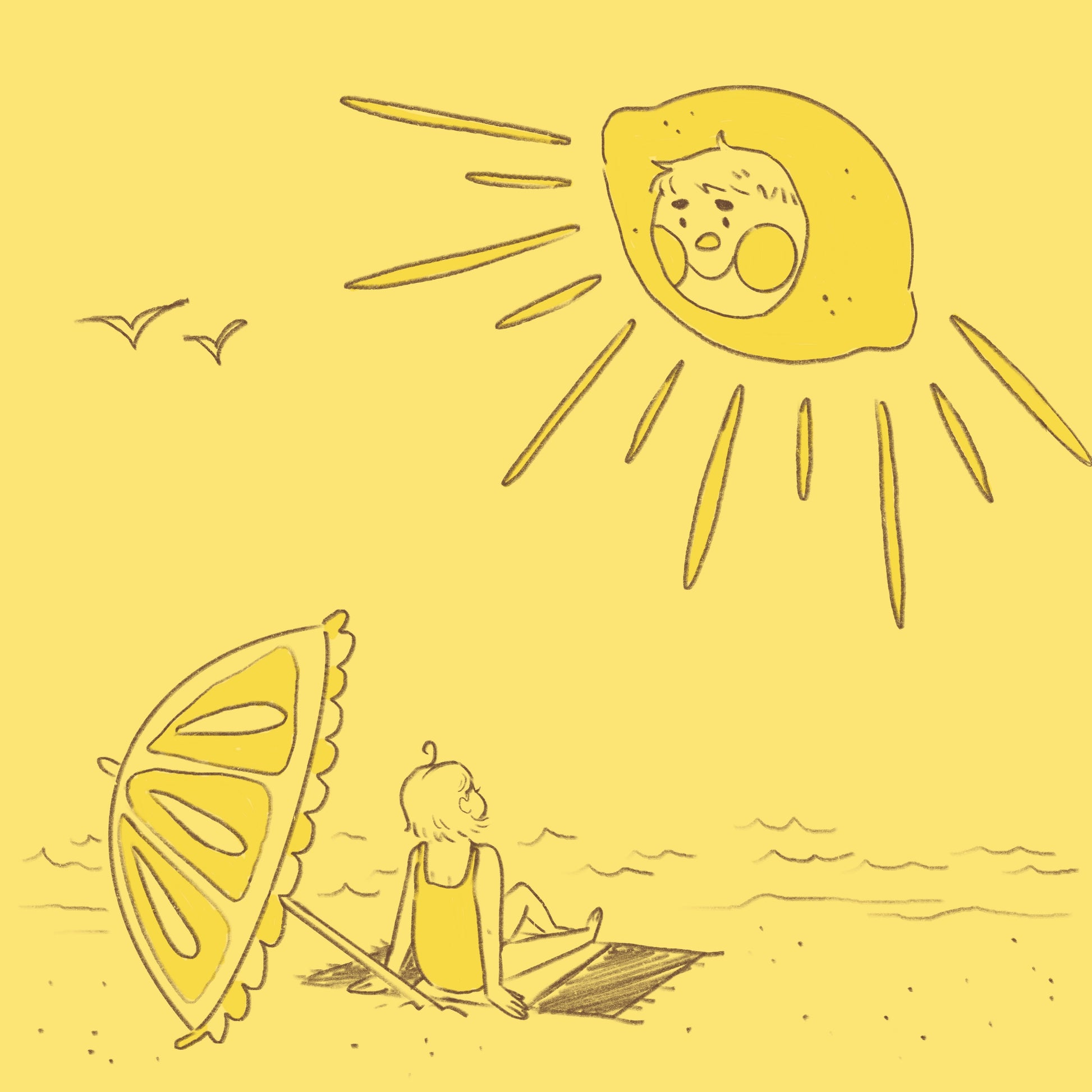 Illustration of a person sitting on a beach under a large lemon slice sun.