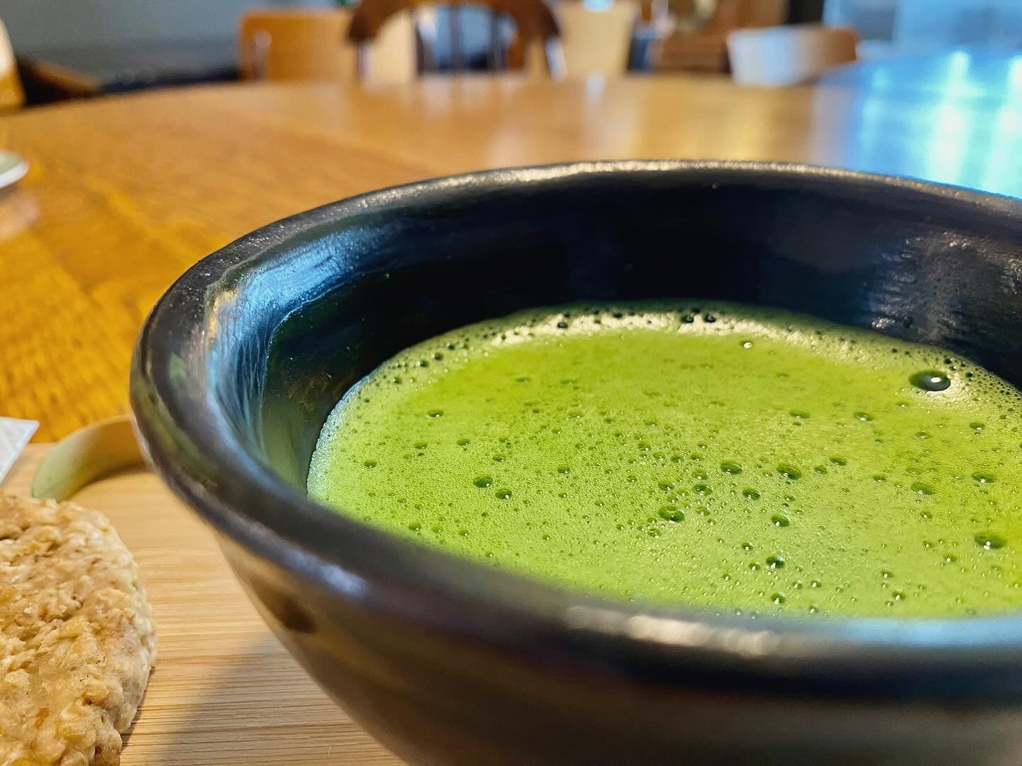 A close-up of Uji matcha foam
