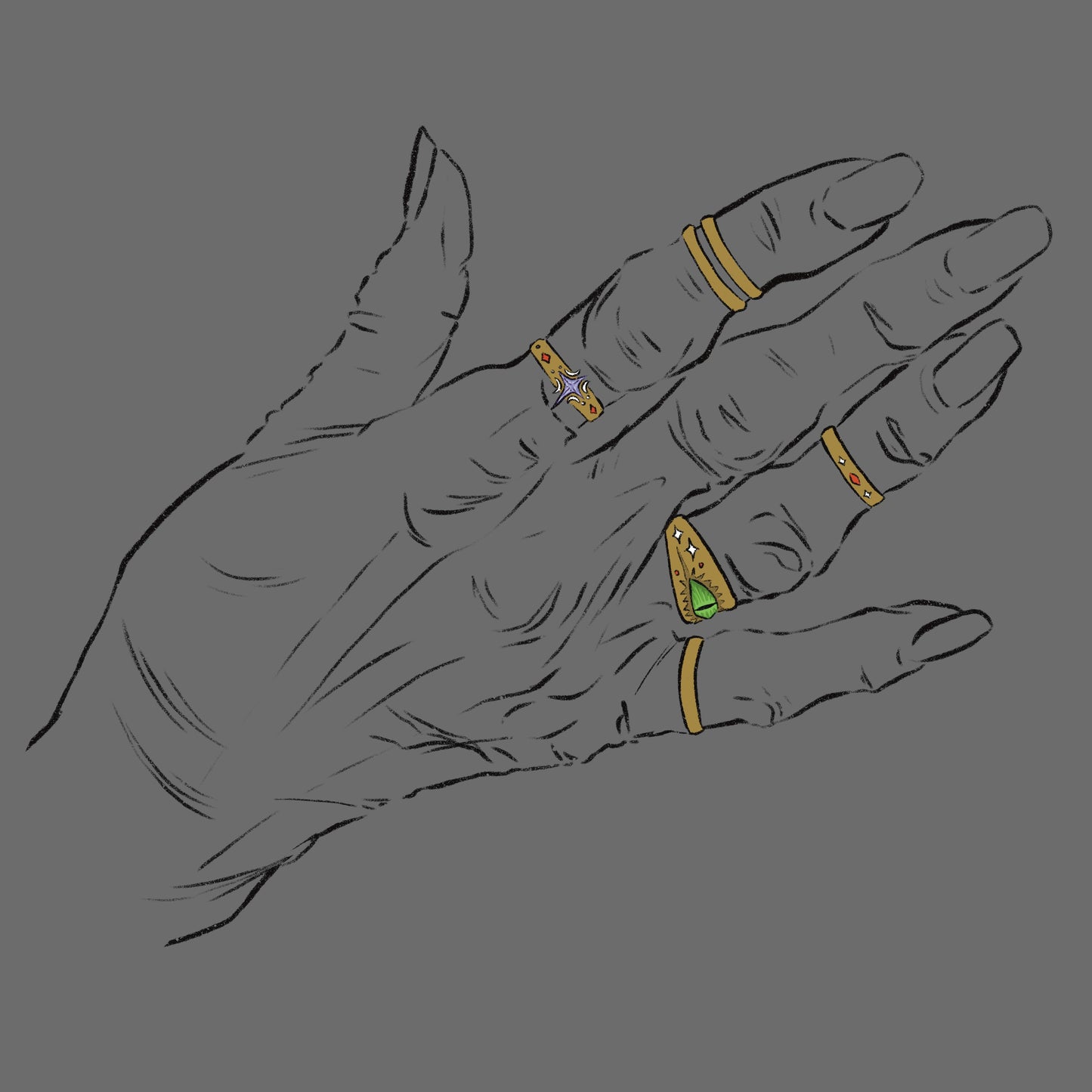 Illustration of a hand with multiple rings on a gray background