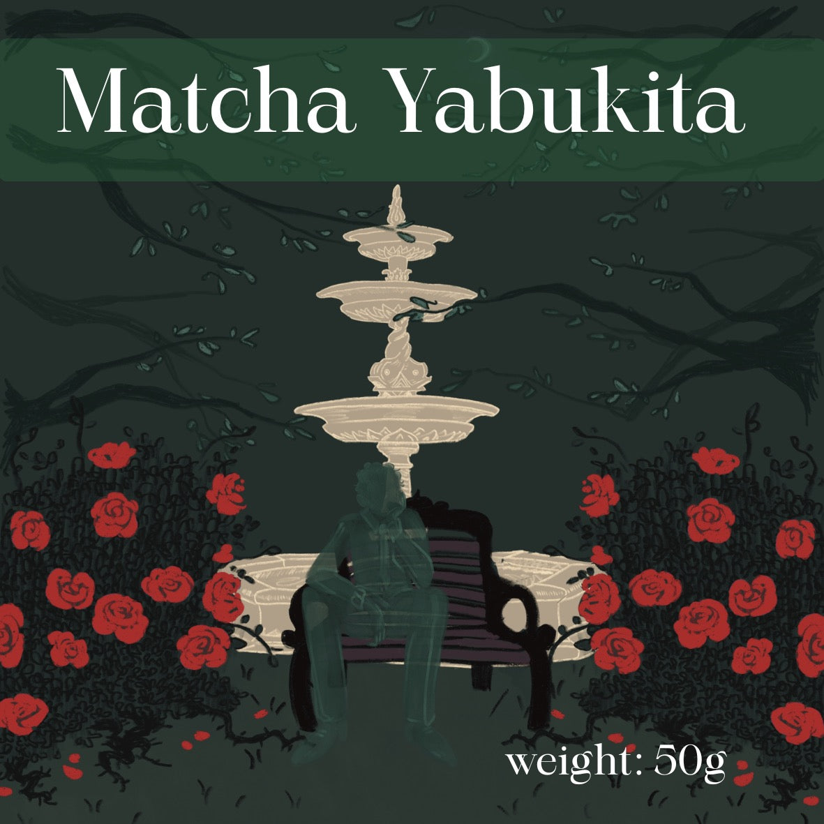 Silhouette of a person sitting on a bench with red flowers and a fountain, featuring 'Matcha Yabukita' text.