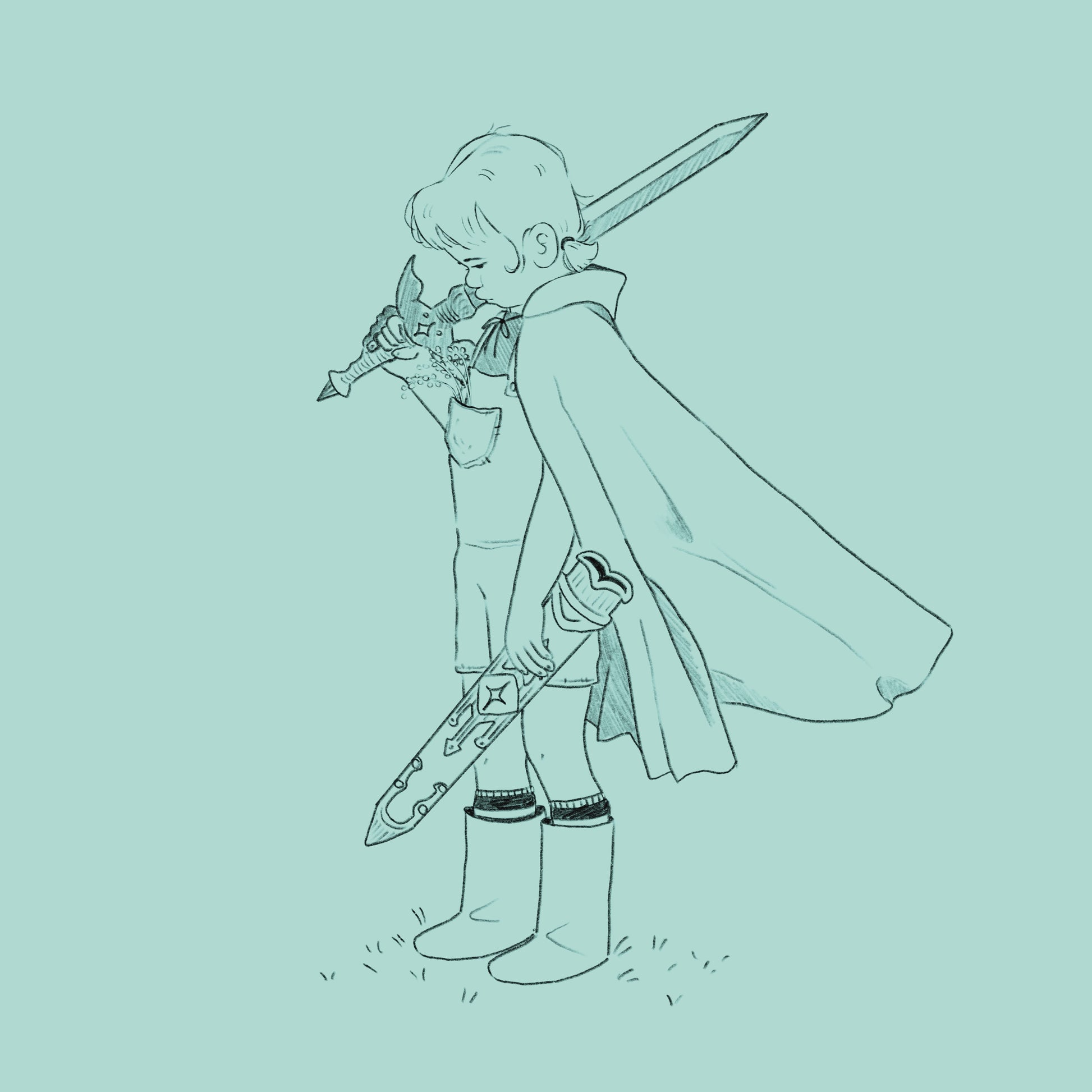 Illustration of a character with a sword and shield on a light green background