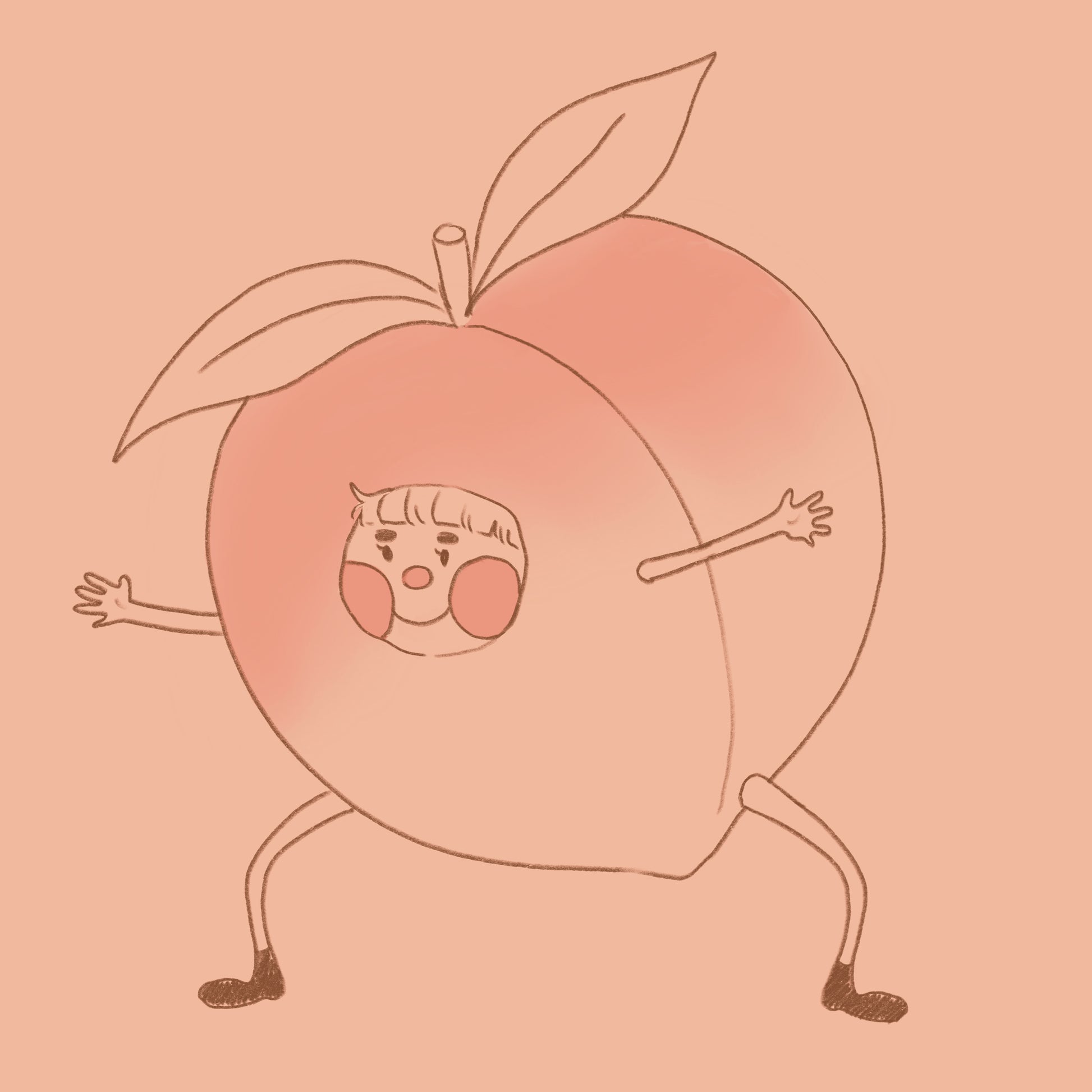 Cartoon peach with a face and arms on a pink background