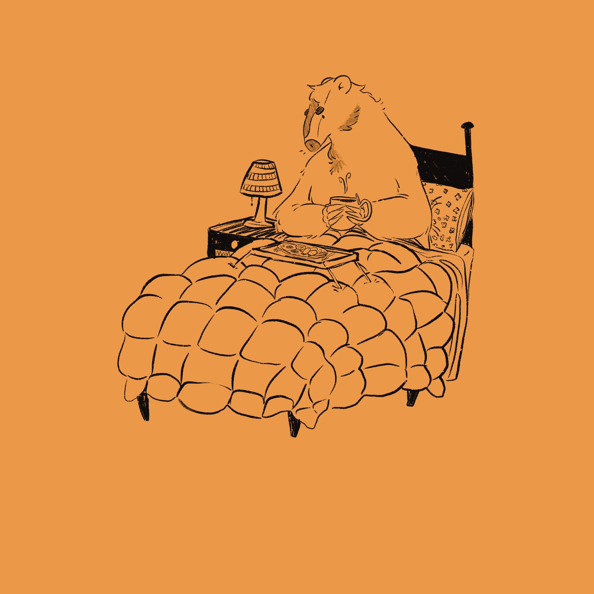 Illustration of a horse lying in bed with a lamp and pillow on an orange background