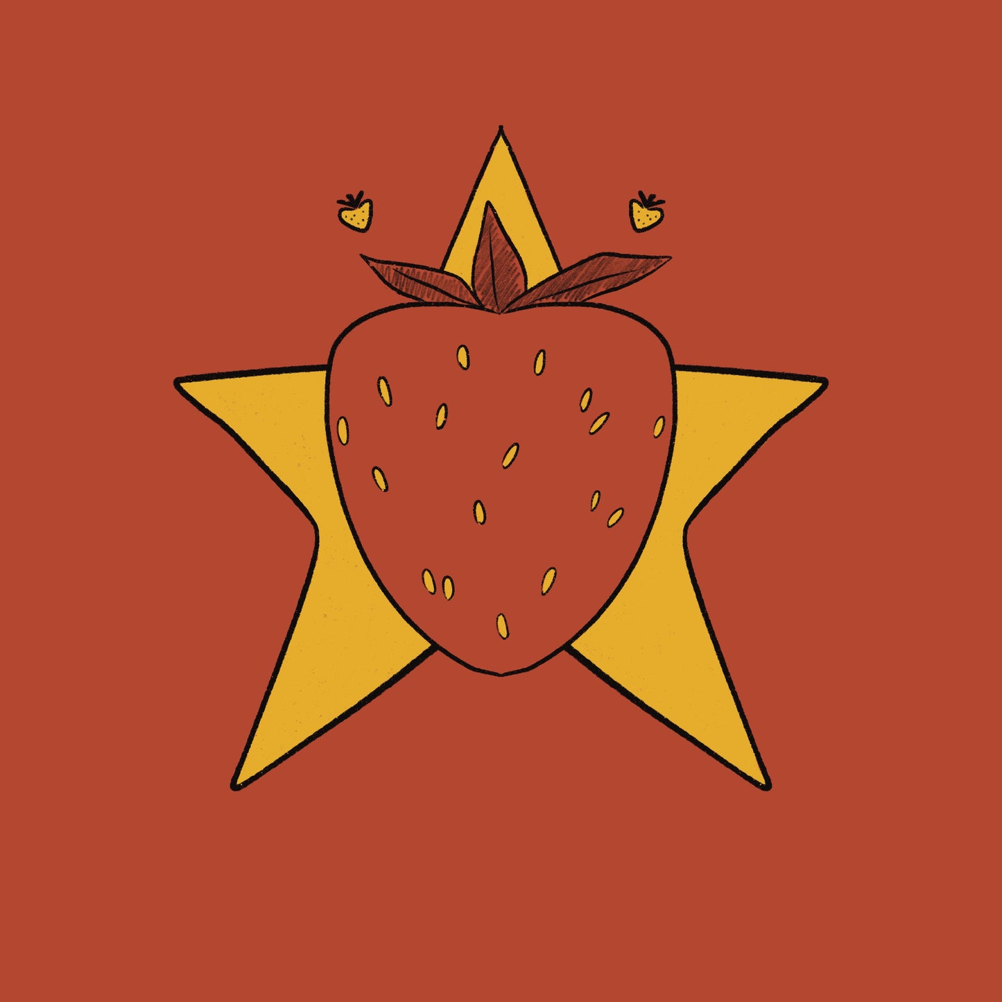 Illustration of a strawberry with yellow leaves on a red background