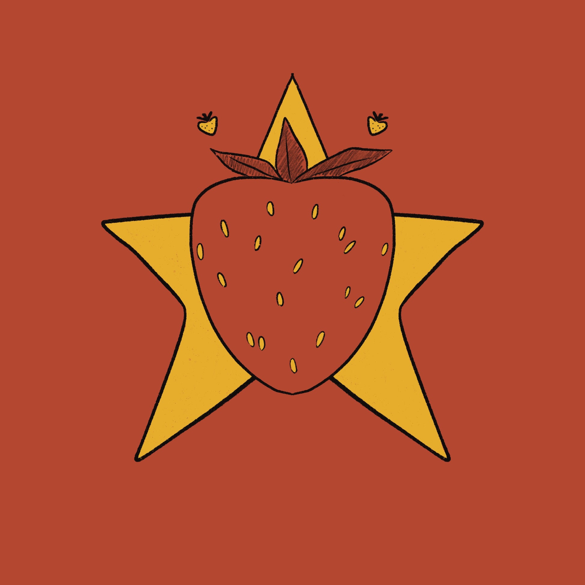 Illustration of a strawberry with yellow leaves on a red background